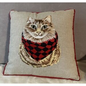 Pier 1  Accent Pillow Christmas Holiday Cat Embroidered Cotton Red